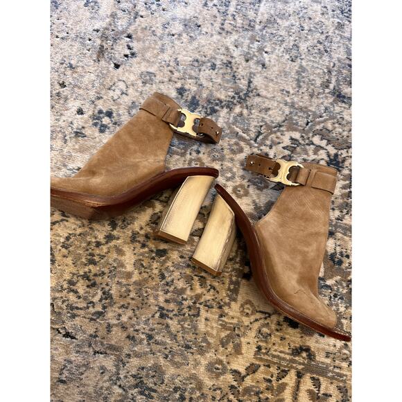 Tory Burch Suede Buckle Peep Toe Block Heels - Picture 4 of 5